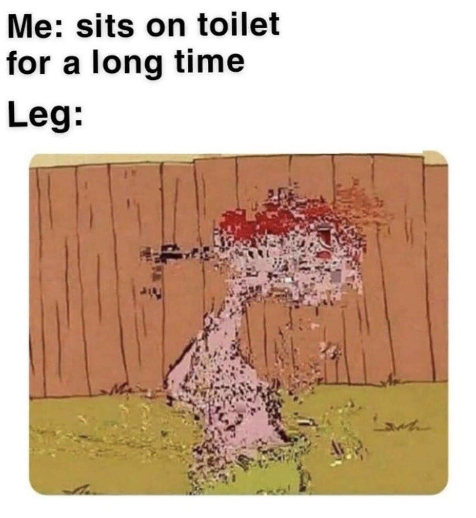 This is a relatable humor meme. Text at the top reads 'Me: sits on toilet for a long time' followed by 'Leg:'. Below the text is a heavily glitched, corrupted version of a Looney Tunes scene showing a disintegrating, distorted character against a wooden fence. The joke humorously depicts the common real-life experience of a leg falling completely asleep, feeling numb, glitchy, and non-functional after spending an extended period sitting on the toilet.