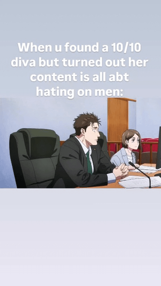 This is a reaction meme featuring a screenshot of the character Kento Nanami from the anime Jujutsu Kaisen. Nanami is shown sitting at a formal desk with a blank, visibly disappointed and unimpressed expression. Text overlaid at the top of the image reads 'When u found a 10/10 diva but turned out her content is all abt hating on men:', using Nanami's expression to illustrate the letdown of being attracted to a very attractive woman, only to discover all of her public content is focused on expressing hatred toward men.