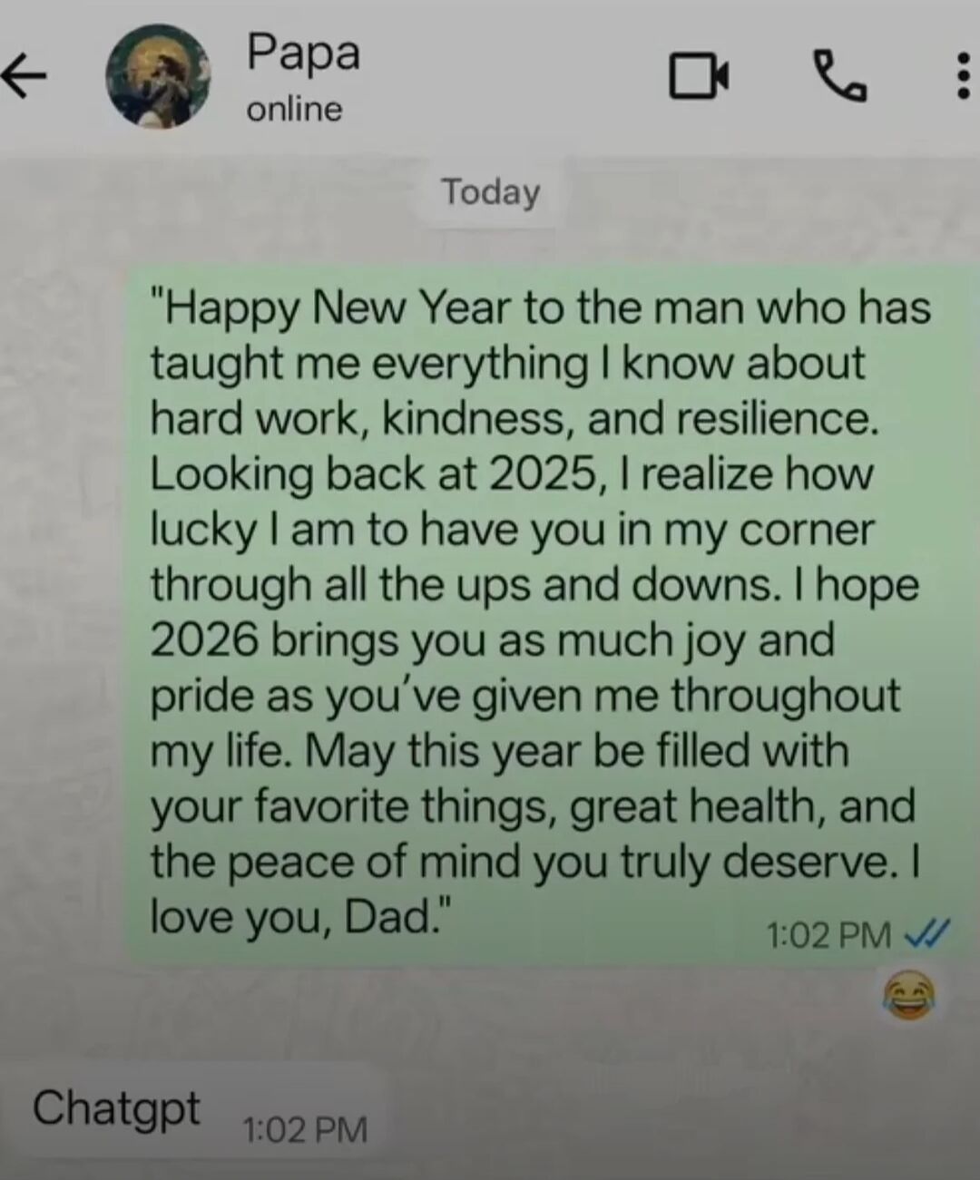 A screenshot of a chat interface displaying a heartfelt New Year's message from 'Chatgpt' to a contact named 'Papa'. The message, timestamped at 1:02 PM on 'Today', expresses gratitude for lessons in hard work, kindness, and resilience, reflects on the year 2025, and wishes joy, health, and peace for 2026. The contact 'Papa' is marked as online, and the sender is labeled 'Chatgpt'.