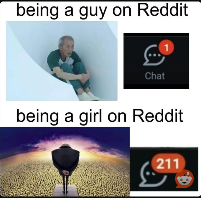 A two-panel comparison meme contrasting Reddit direct message (DM) experiences based on gender. The top panel, labeled 'being a guy on Reddit,' features a photograph of a man sitting alone in a stark white corner with a dejected posture (arms folded, legs drawn up), accompanied by a 'Chat' icon displaying 1 unread message. The bottom panel, labeled 'being a girl on Reddit,' shows a person standing with their back to the viewer, facing a vast, illuminated crowd under a colorful sky, paired with a 'Chat' icon showing 211 unread messages. The meme humorously exaggerates the perceived difference in DM volume between male and female users on Reddit.