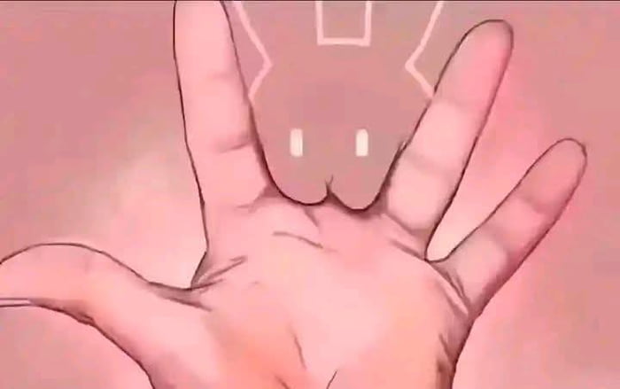 This meme is a visual pun that humorously answers the titular question 'What does it feel like being bitten by a rabbit?'. It shows an illustrated open human hand facing the viewer, where the negative space between the middle and ring fingers is stylized with simple white markings to look like the face of a small rabbit biting into the palm of the hand. The clever use of negative space creates the playful illusion that a rabbit is actively nipping the hand, reflecting the common minor bite experience of pet rabbit owners.