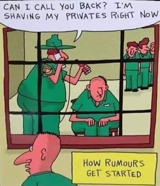 This is a single-panel cartoon meme illustrating how rumors start via ambiguous language and out-of-context listening. A military officer is on a phone call while shaving the head of a new military recruit (known as a 'private' in military rank). He says into the phone 'Can I call you back? I'm shaving my privates right now'. An onlooker outside the window hears this line, misinterpreting the double meaning of 'privates' — which can refer both to the military rank, or to intimate personal body parts, leading the bystander to believe the officer is engaged in an inappropriate, salacious act instead of his actual task. The bottom text explicitly labels the scenario as an example of how rumors get started.