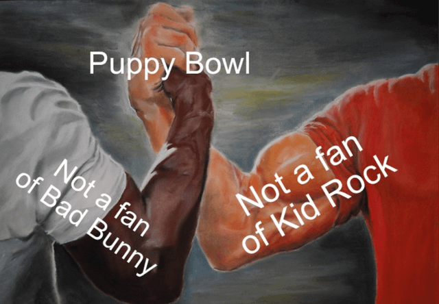 The meme features an illustration of two individuals arm-wrestling: one in a white shirt on the left and one in a red shirt on the right. At the top center, the text 'Puppy Bowl' is displayed. On the left arm (white shirt), the text reads 'Not a fan of Bad Bunny'; on the right arm (red shirt), it reads 'Not a fan of Kid Rock'. The image humorously contrasts disinterest in the two public figures (Bad Bunny and Kid Rock) while highlighting 'Puppy Bowl' as a neutral, non-controversial alternative, aligning with the original title's implication that not everything is a political statement.