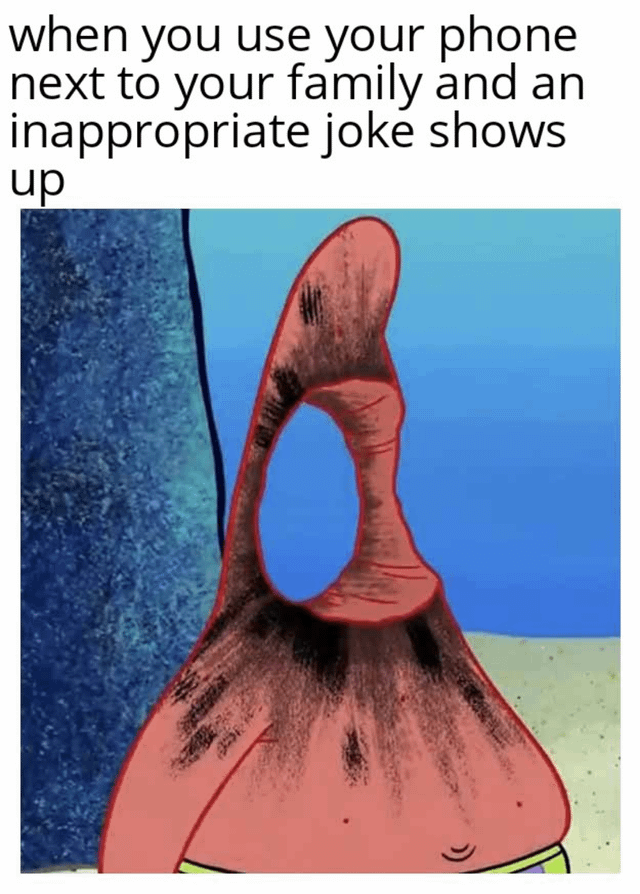 A meme consisting of a top text caption and an image from SpongeBob SquarePants. The text reads: 'when you use your phone next to your family and an inappropriate joke shows up'. Below the text is a screenshot of Patrick Star, an animated starfish character, shown from the back with his head dramatically twisted around to face the viewer. His expression is highly exaggerated and shocked, with wide eyes and an open mouth, humorously depicting the embarrassment or panic one feels when encountering inappropriate content on their phone in front of family members. The visual humor stems from Patrick's iconic over-the-top reaction, making the relatable social anxiety scenario more entertaining.
