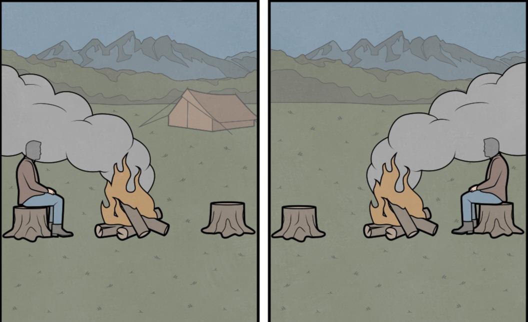 A two-panel comic illustration depicting a camping scene. Both panels feature an identical background: a grassy field with sparse vegetation, a brown tent, and distant mountains under a blue sky. In the left panel, a person wearing a brown jacket and blue pants sits on a tree stump to the left of a burning campfire; the smoke from the fire drifts to the right. In the right panel, the composition is mirrored: the same person sits on a tree stump to the right of the campfire, and the smoke now drifts to the left. The only differences between the panels are the person's seating position and the direction of the smoke, creating a subtle visual contrast focused on the smoke's movement relative to the person.