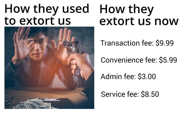 This is a two-panel satirical comparison meme. The left panel is labeled 'How they used to extort us', showing a frightened man holding his hands up in surrender as another person points a gun at him across a table with stacks of cash visible, representing traditional violent armed robbery. The right panel is labeled 'How they extort us now', followed by a list of common extra charges: Transaction fee: $9.99, Convenience fee: $5.99, Admin fee: $3.00, Service fee: $8.50. The meme draws a humorous, critical parallel between old-fashioned violent extortion and the modern widespread practice of businesses adding numerous untransparent, mandatory extra fees to purchases that consumers have no meaningful way to avoid.