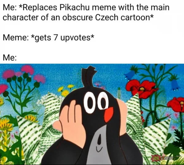 A meme consisting of three text panels followed by a reaction image. The text reads: 'Me: *Replaces Pikachu meme with the main character of an obscure Czech cartoon*', 'Meme: *gets 7 upvotes*', and 'Me:'. Below is an image of a black animated character with large white eyes, a red beak, and hands covering its face, appearing shocked. The character is set against a vibrant garden background with various colorful flowers (red poppies, pink clover, yellow blooms). The humor stems from the relatable disappointment of creating content with an obscure reference that receives minimal engagement (only 7 upvotes), leading to an exaggerated shocked reaction.