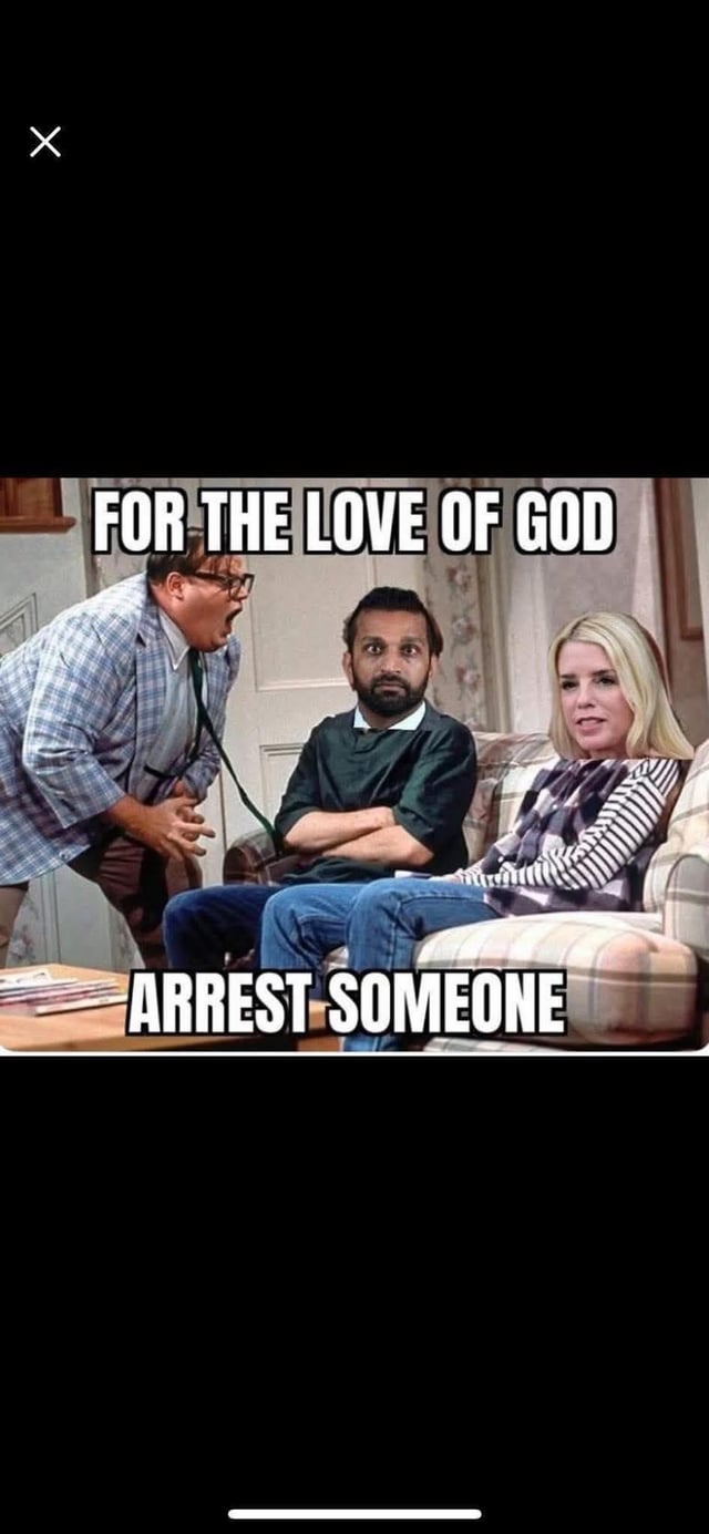 A meme featuring a screenshot of three individuals in a domestic setting. On the left, a man wearing a blue plaid shirt and tie leans forward aggressively, appearing to shout. In the center, a man in a dark green shirt sits with his arms crossed, displaying a serious expression. To his right, a blonde woman sits on the sofa, looking neutral. Overlaid text at the top reads 'FOR THE LOVE OF GOD' and at the bottom 'ARREST SOMEONE', conveying a sense of urgent frustration.