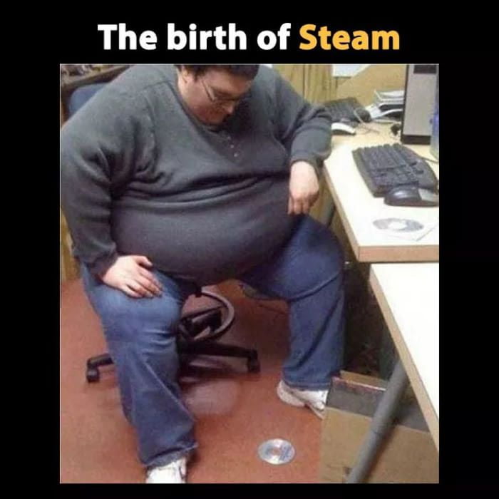 A meme image featuring a person sitting on an office chair next to a cluttered desk with computer peripherals, including a keyboard, mouse, and a CD disc on the floor. The person is wearing a dark gray sweater and blue jeans, with one hand resting on their hip and the other on the desk. The top of the image has bold text reading 'The birth of Steam', likely humorously referencing the origin of the Steam gaming platform through a casual, relatable office场景.