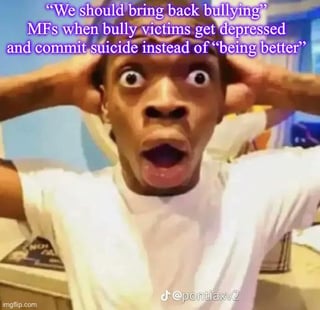 The meme uses a widely recognizable reaction image of online creator FlightReacts, who has an extremely shocked expression: wide open eyes, agape mouth, both hands held to the sides of his head. Purple overlaid text on the top of the image reads: "'We should bring back bullying' MFs when bully victims get depressed and commit suicide instead of 'being better'". The meme sarcastically criticizes harmful, ignorant online talking points that argue bullying should be reinstated, pointing out that these takes ignore the severe, life-threatening consequences of bullying rather than the unrealistic, false expectation that being bullied will make victims improve.