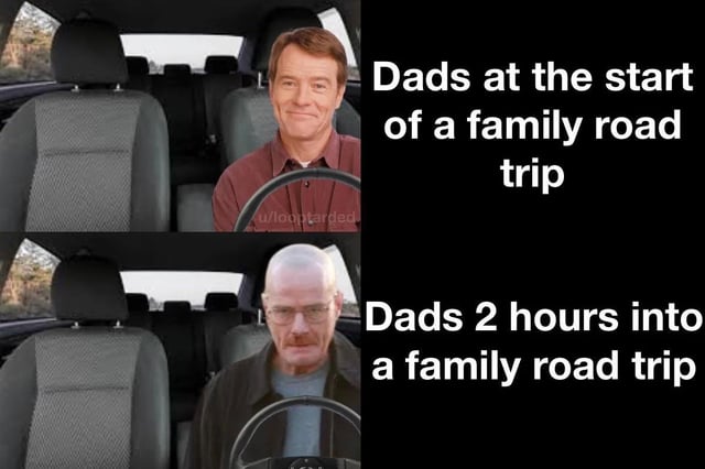 This is a two-panel comparison meme that uses Bryan Cranston's two most famous roles to joke about how a dad's mood changes during a long family road trip. The top panel shows Cranston as Hal from Malcolm in the Middle, smiling and relaxed while driving, labeled as how dads look at the start of a family road trip. The bottom panel shows him as Walter White from Breaking Bad, bald, stressed and grumpy while driving, labeled as how dads look 2 hours into a family road trip, highlighting how dads quickly get tired and irritated after hours of driving with family.