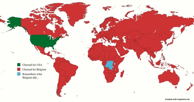 This is a satirical world map meme color coded to show hypothetical support for a 2026 World Cup match between Belgium and the USA. Green areas, which only cover the contiguous United States and Alaska, represent regions that cheered for the USA. Almost all other countries in the world are marked red, meaning they would cheer for Belgium. The only blue region is the Democratic Republic of the Congo, labeled with the note "Remembers what Belgium did...", a dark humor reference to the well-documented brutal atrocities committed under Belgian colonial rule in the Congo, implying the country would not support Belgium in the match.