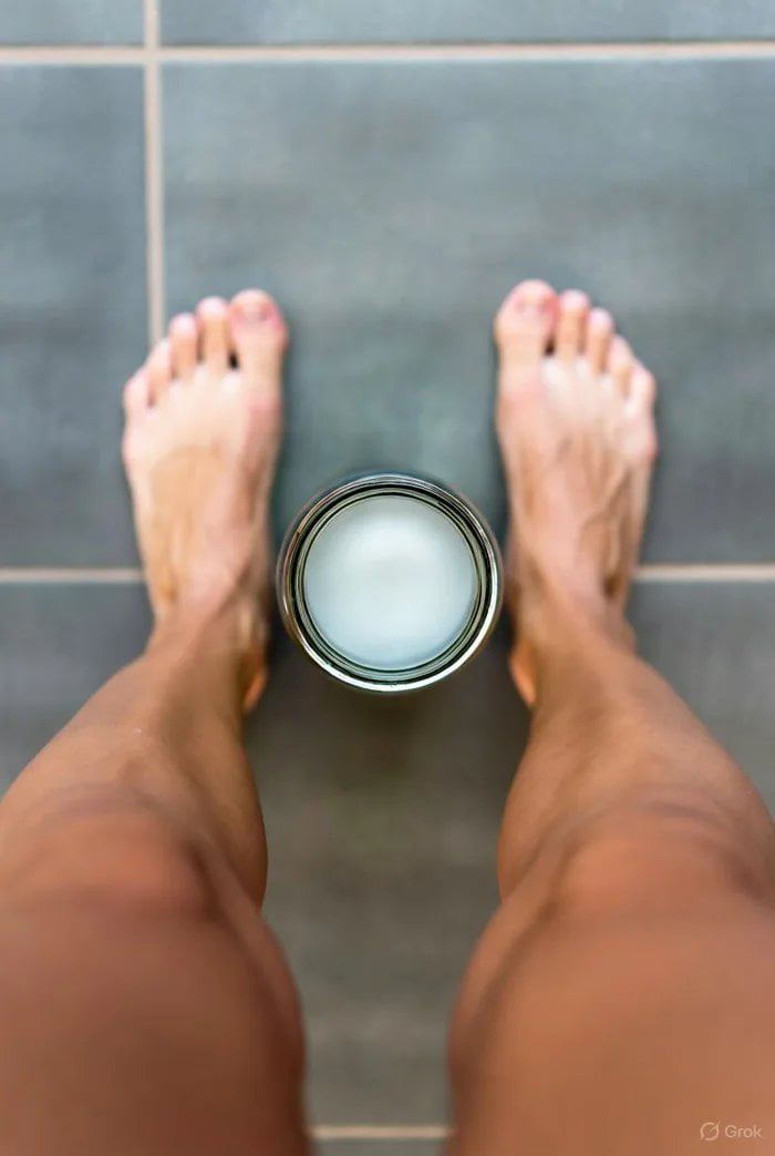 A top-down perspective photograph showing a person's bare feet standing on a gray tiled floor. The feet are positioned with toes pointing upward, and between them is a cylindrical metal cup filled with a white liquid, likely milk. The focus is on the lower legs, feet, and the cup, with the tiled floor as the background.