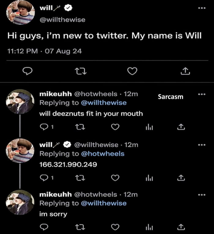This image is a screenshot of a fabricated dark-mode X/Twitter conversation thread, featuring account avatars of Will Byers and Mike Wheeler from the TV series Stranger Things. The first tweet, posted by user @willthewise (using Will's avatar) reads 'Hi guys, i'm new to twitter. My name is Will', timestamped 11:12 PM 07 Aug 24. A reply from user @hotwheels (using Mike's avatar) makes a classic 'deez nuts' internet pun joke, phrased as 'will deeznuts fit in your mouth' to play on Will's name. The Will account replies with the sequence '166.321.990.249', a fake IP address (the number 321 is outside the valid 0-255 range for IPv4 octets), implying he has doxxed the commenter. This prompts the commenter to immediately reply with 'im sorry'. The joke hinges on the subversion of expectations: the poster who claims to be new to Twitter is actually very familiar with common internet pranks and responds with an exaggerated, absurd threat that shocks the prankster into apologizing.