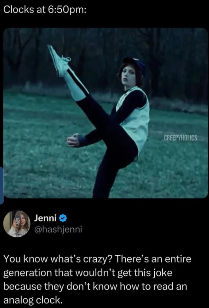 This meme combines two elements: a still from the 2004 comedy film *Napoleon Dynamite* showing the title character in a high kick pose that visually mirrors the hands of an analog clock reading 6:50 PM (the raised leg acts as the minute hand pointing at 10 for 50 minutes, while his torso and arm represent the hour hand near 7 for late 6 o'clock), paired with a verified Twitter (X) post from user Jenni (@hashjenni). Jenni's comment observes that an entire younger generation might not understand the joke due to lack of ability to read analog clocks, highlighting a generational gap in basic analog time literacy. The image uses the iconic movie pose as a visual pun for the specified time, and the social media comment adds a meta layer about generational differences.