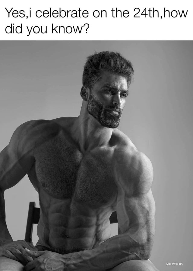 A black and white image featuring a muscular, shirtless man with a beard and well-defined abs sitting on a chair. He has a serious, confident expression and is looking to the side. At the top of the image, there is a text overlay that reads: 'Yes,i celebrate on the 24th,how did you know?'. The meme humorously contrasts celebrating on the 24th versus the 25th, likely referencing holidays like Christmas where traditions vary between Eve (24th) and Day (25th).