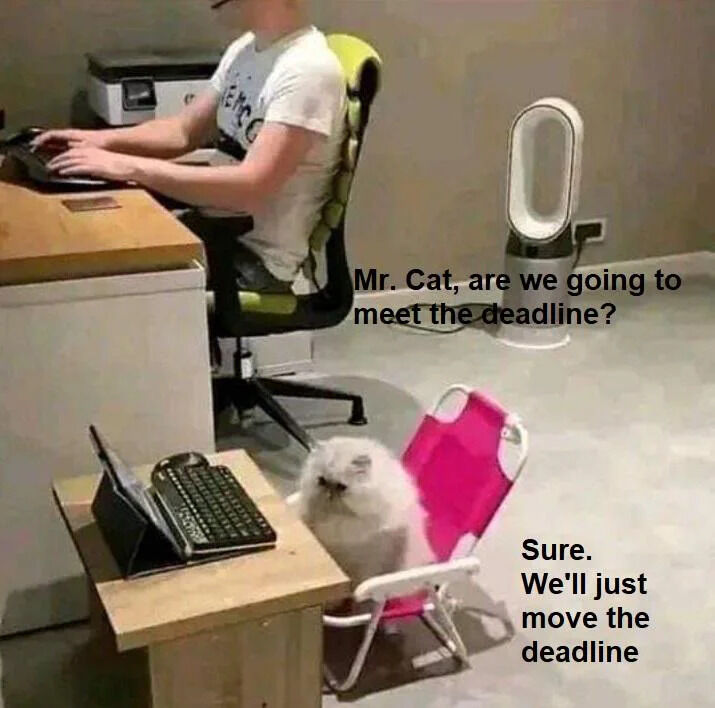 This is a humorous relatable work meme showing a home office with two workers. A human man sits at a full-sized desk typing on a keyboard, while a fluffy white cat sits at a tiny custom-sized desk (with a small keyboard and tablet) in a tiny pink folding chair, acting as a coworker. Overlaid text creates a dialogue: an off-screen question asks 'Mr. Cat, are we going to meet the deadline?' and Mr. Cat replies 'Sure. We'll just move the deadline'. The joke plays on the common corporate/office practice of pushing back project deadlines instead of completing work on the originally scheduled date, which many remote/office workers find relatable.