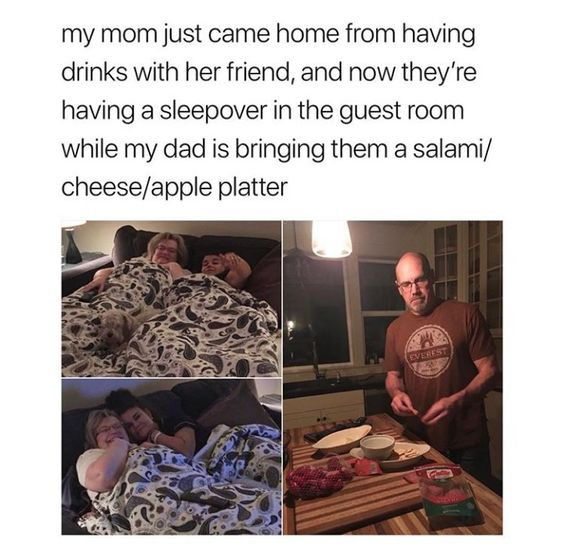 A wholesome meme featuring a text description at the top: 'my mom just came home from having drinks with her friend, and now they're having a sleepover in the guest room while my dad is bringing them a salami/cheese/apple platter'. Below the text are three images arranged in a collage: two top-left and bottom-left photos show the mom and her friend cuddled together under matching paisley-patterned blankets on a couch, smiling and appearing relaxed; the right-side photo shows the dad standing in a kitchen, focused on preparing a snack platter with ingredients like salami, cheese, and apples. The overall tone is heartwarming and emphasizes a cozy, supportive family dynamic.