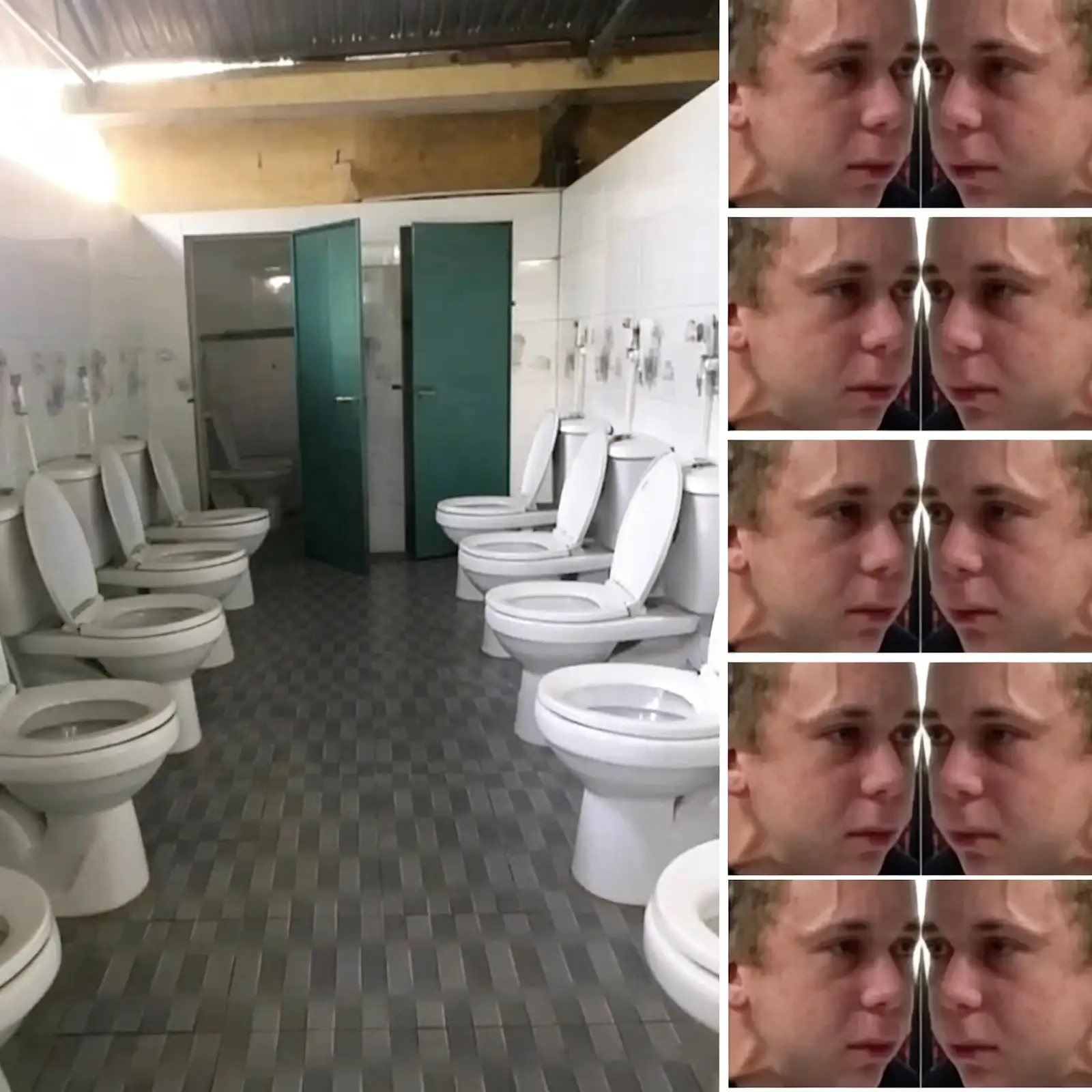 This composite meme consists of two sections. The larger left section shows a photograph of a public restroom with an extremely bizarre and poorly designed layout: toilets are lined up in rows along both the left and right walls, all facing each other directly with no privacy dividers between them, only the back stalls have individual closed doors. The right section features a vertical 5-row grid, each row containing two copies of the same reaction image of a young man staring sideways with a confused, uncomfortable expression. This arrangement mirrors the facing layout of the toilets, emphasizing the shared awkward and shocked reaction to this terrible design.