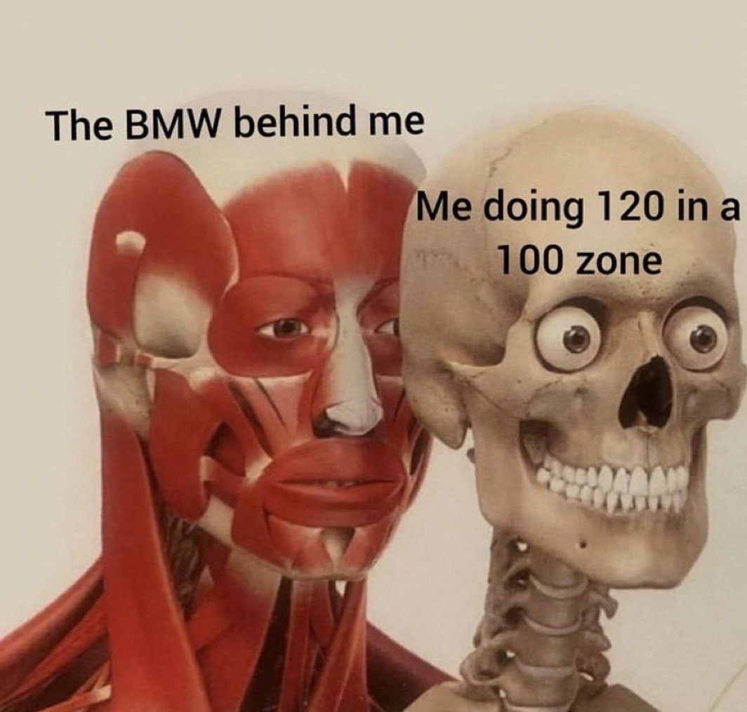 The meme features two adjacent anatomical models against a plain light beige background. The left model is a human head displaying exposed muscle and facial tissue, labeled 'The BMW behind me', with a calm, stoic, unamused serious expression. The right model is a cartoonish human skull with wide bulging eyes and a forced awkward grin, labeled 'Me doing 120 in a 100 zone', representing a driver who is already speeding 20 units over the posted speed limit, panicking at the sight of an even faster BMW driver behind them. The joke plays on the common internet stereotype that BMW drivers habitually drive very fast and tailgate other road users even if those users are already exceeding the speed limit.