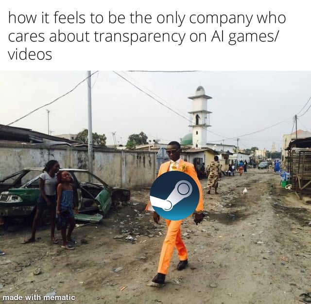 A meme image featuring a person in a bright orange suit with the Steam logo superimposed over their face, walking through a run-down urban area characterized by dilapidated buildings, rusted cars, and scattered debris. In the background, there is a mosque with a minaret, and several pedestrians (including a woman and a child) are visible. The top text reads: 'how it feels to be the only company who cares about transparency on AI games/videos,' creating a satirical contrast between Steam (implied as the only company prioritizing AI transparency) and the desolate, isolated environment, humorously conveying a sense of loneliness or uniqueness in that stance.