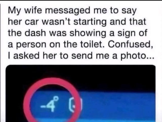 This is a text-and-image joke meme. The text tells the story: a husband receives a message from his wife that her car will not start, and she describes an icon on the car dashboard that looks like "a person on the toilet". Confused, the husband asks his wife to send a photo of the icon. The photo below the text reveals the actual icon: it is the standard car seatbelt reminder warning light, whose abstract shape actually vaguely resembles the description the wife gave, which is the punchline of the joke. It plays on the relatable situation of people who are unfamiliar with what car dashboard warning lights actually mean, leading to a funny misdescription.