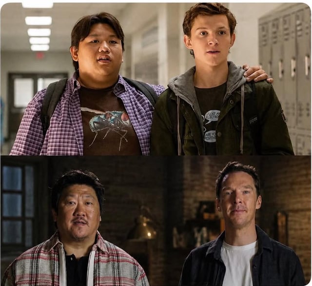 This is a two-panel vertical collage meme. The top panel features a still of teen characters Ned Leeds (played by Jacob Batalon) and Peter Parker/Spider-Man (played by Tom Holland) from an early Spider-Man entry in the Marvel Cinematic Universe (MCU), standing in a high school hallway with shocked, surprised expressions. The bottom panel shows a still of adult MCU characters Wong (played by Benedict Wong) and Doctor Stephen Strange (played by Benedict Cumberbatch) from a later Doctor Strange franchise entry, standing in a dim brick interior space. The humorous core of the meme lies in the visual resemblance between the two pairs of characters, which is used to playfully pretend that Ned and Peter aged into Wong and Strange, matching the given premise.