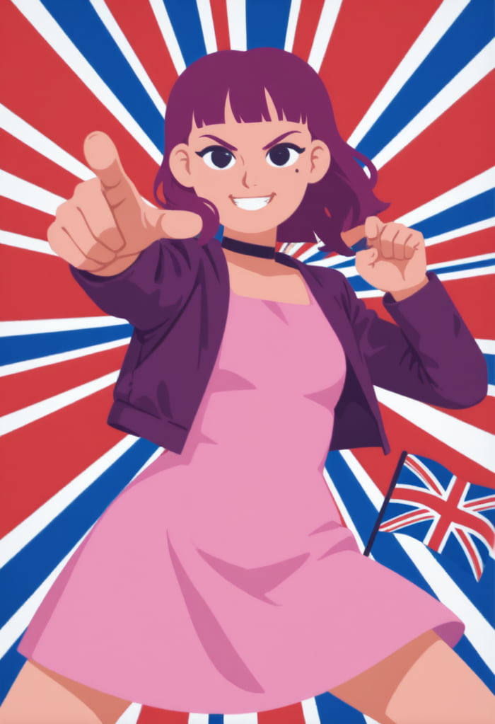 An animated digital illustration featuring a young girl with shoulder-length purple hair, styled with bangs. She wears a black choker, a purple leather jacket over a pink dress, and stands with a confident posture. Her right hand is extended forward, pointing directly at the viewer, while her left hand is raised near her face in a fist, suggesting enthusiasm or determination. The background consists of dynamic, radiating stripes in red, white, and blue—colors of the Union Jack—creating a sense of energy. A small Union Jack flag is visible in the lower right corner of the image. The girl's expression is a mix of cheerfulness and resolve, with wide, bright eyes and a broad smile.