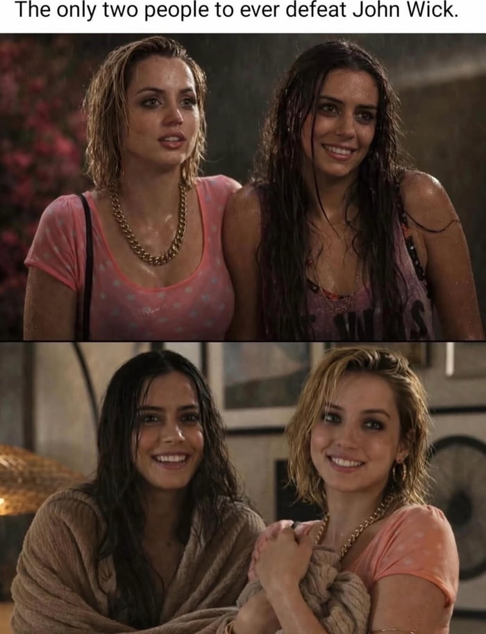 This is a two-panel humorous meme. The top text reads 'The only two people to ever defeat John Wick.' The first panel shows actresses Ana de Armas and Lorenza Izzo as their characters Belka and Strelka from the 2022 film *The Gray Man*, standing wet in the rain with amused expressions. The second panel shows the same two actresses, appearing as their characters Genesis and Bel from the 2015 film *Knock Knock*, wrapped in blankets and smiling happily. The joke relies on pop culture crossover context: Keanu Reeves, who plays the nearly unbeatable titular character in the *John Wick* franchise, starred as the protagonist in *Knock Knock*, where he is tormented and defeated by the two characters played by these actresses, making the claim in the meme technically correct if you associate the actor with his famous John Wick role.