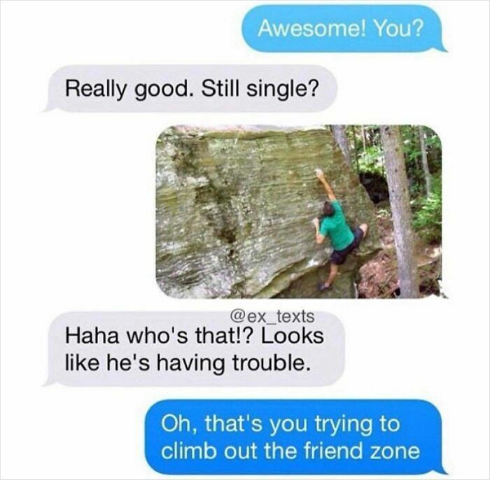 This meme is a screenshot of a text message exchange, likely between two former romantic partners. The conversation opens with the sender of blue texts saying 'Awesome! You?', to which the grey text sender responds 'Really good. Still single?'. The blue text sender replies with a photograph of a man in a green t-shirt struggling to climb a steep, moss-covered rock face in a forested area. The grey text sender jokes 'Haha who's that!? Looks like he's having trouble.' The punchline comes from the blue text sender's response: 'Oh, that's you trying to climb out the friend zone.' The joke uses wordplay to compare the difficult physical task of rock climbing to the near-impossible metaphorical effort of escaping the friend zone after a romantic relationship has ended.