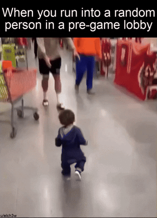 A 4-panel meme depicting a store scene (likely a hardware store like Home Depot) with two adults and a toddler. Each panel repeats the caption 'When you run into a random person in a pre-game lobby,' humorously comparing the awkward or unexpected social encounter in online gaming lobbies to a real-life interaction in a store. The adults stand near shopping carts, while the toddler walks between them, adding to the relatable, everyday chaos of the scenario.