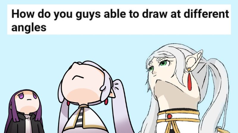 The image is a digital illustration featuring three animated elf-like characters standing against a light blue background. At the top, there is a text box with the question: 'How do you guys able to draw at different angles'. The characters vary in size and head orientation, visually representing different drawing angles. The smallest character (left) has short purple hair, a neutral expression, and a straight head position. The middle character has white hair in pigtails, elf ears, red earrings, and is looking upward with their head tilted back. The largest character (right) also has white hair in pigtails, elf ears, red earrings, a more detailed face with green eyes, and a slightly upward head tilt. This visual arrangement humorously contrasts different approaches to drawing head angles, likely resonating with artists struggling with perspective.