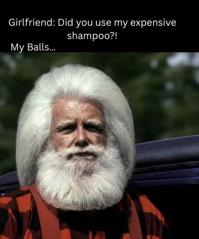 The meme features a two-part text overlay and a photograph. The top text reads: 'Girlfriend: Did you use my expensive shampoo?!' and the bottom text states: 'My Balls...'. Below the text is an image of a man with extremely thick, voluminous white beard and hair, wearing a red and black checkered shirt. The background shows blurred green foliage and a partial view of a car seat. The humor arises from the double entendre: the phrase 'My Balls...' implies the man used the shampoo on his testicles, but his prominently bushy beard visually suggests a comedic misunderstanding where 'balls' could refer to his facial hair, creating a sarcastic and funny scenario about everyday relationship mishaps.