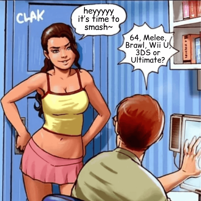A comic-style digital illustration featuring a woman with long brown hair, wearing a yellow tank top and pink skirt, standing in a blue doorway marked with 'CLAK' above it. She has a playful smirk, hands on her hips, and speaks to a man seated at a desk with a computer monitor. Her speech bubbles read: 'heyyyyy it's time to smash~' followed by listing Super Smash Bros titles: '64, Melee, Brawl, Wii U, 3DS or Ultimate?'. The man, facing away, appears to reach toward the computer. The setting includes blue walls and a shelf with books, creating a casual indoor scene.