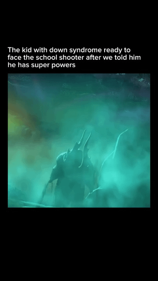 This is a dark humor meme that pairs text describing a kid with Down syndrome who was told he has superpowers and is ready to confront an active school shooter with the iconic intimidating scene of Godzilla emerging from misty ocean water. The imposing, menacing silhouette of Godzilla charging forward is used to visually represent the kid's naive, fearless bravery in the dangerous situation, creating an absurd, dark joke that plays on the contrast between the innocent premise and the terrifying scenario.