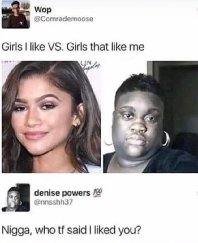 The image is a screenshot of two consecutive Twitter/X posts. The first post, published by user Wop (@Comrademoose), carries the text 'Girls I like VS. Girls that like me' paired with two headshots: the left is a glamorous, posed photo of celebrity actress Zendaya, representing women the poster is attracted to, and the right is an unimpressed-looking headshot of Black woman Denise Powers, whom the poster incorrectly claims is attracted to him. The second post is a reply from Denise Powers (@nnsshh37), the woman in the right photo, who bluntly retorts 'Nigga, who tf said I liked you?', immediately shutting down the original poster's incorrect, delusional assumption that she was interested in him, creating a humorous roast punchline.