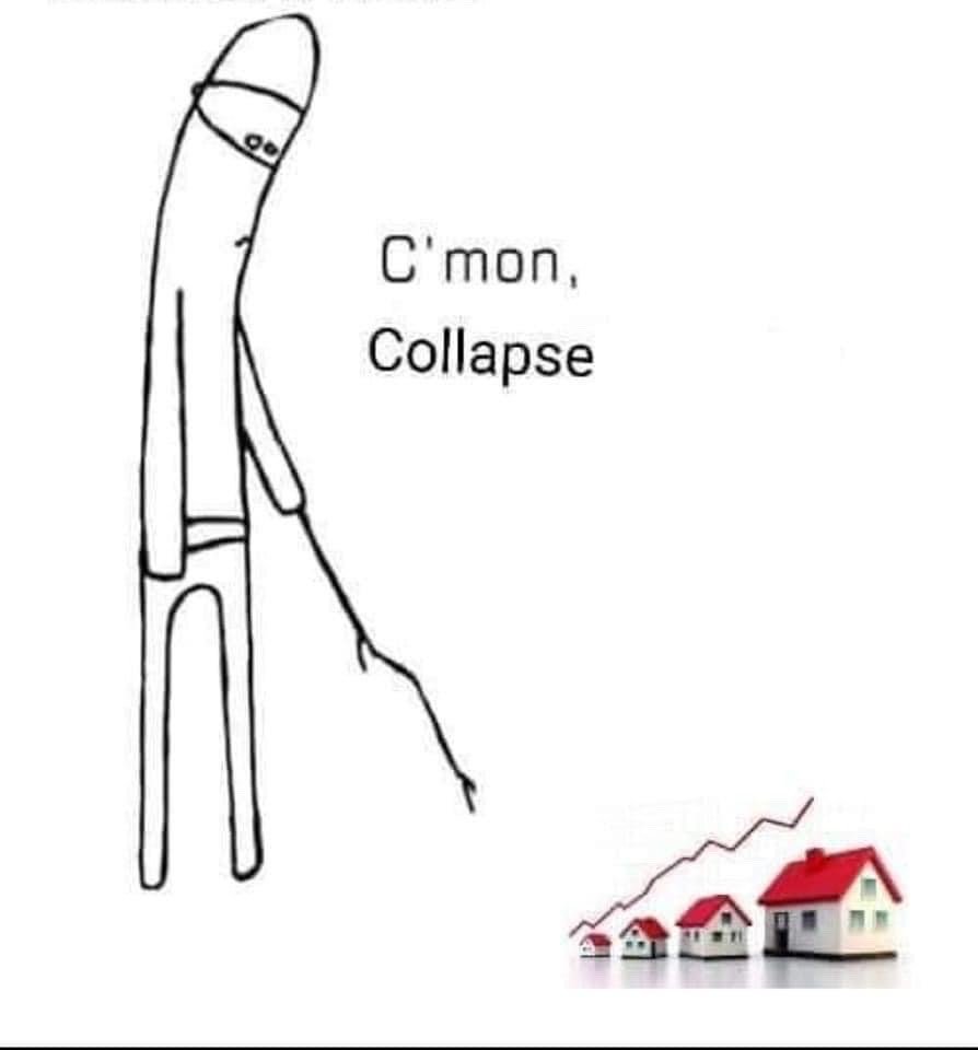 The meme features a slouched, tired-looking hand-drawn stick figure on the left side, appearing dejected. Next to the figure is the text 'C'mon, Collapse'. At the bottom right, an upward-trending line graph sits beside progressively larger miniature houses, which represent the continuous rise of global housing prices. The meme conveys the widespread frustration of people who cannot afford current property costs, expressing a desperate, sarcastic wish for the overinflated housing market to crash so that homes become more accessible to average buyers.