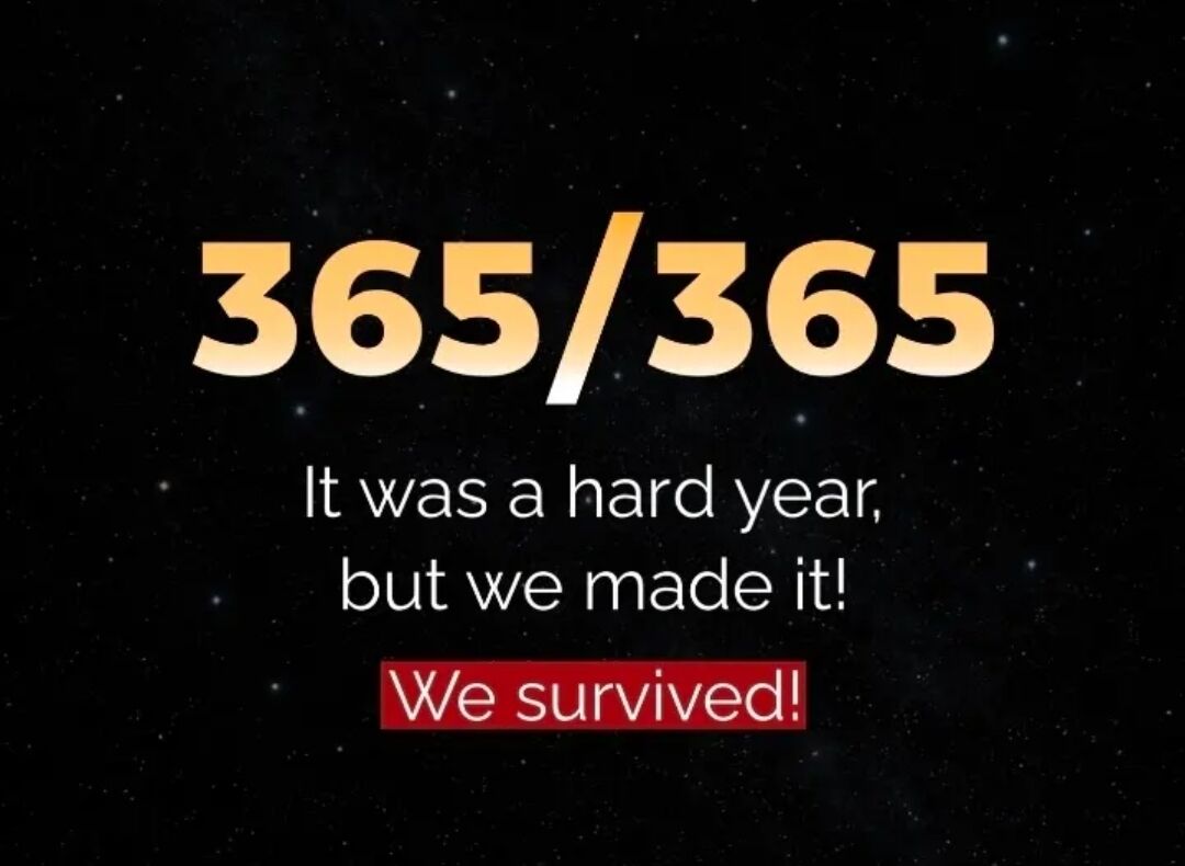 A motivational graphic with a starry black background. At the top, large gold text displays '365/365'. Below, white text reads 'It was a hard year, but we made it!', and a red banner with white text at the bottom states 'We survived!'. The design conveys a sense of accomplishment and resilience after enduring a challenging year.