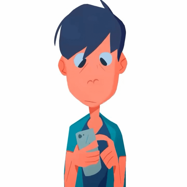 This is a simple flat-style 2D animated illustration of a young male character with short dark blue hair, wearing a teal short-sleeve shirt over a dark blue undershirt, set against a plain white background. The character has a visibly tired, unimpressed, and disappointed expression, with half-lidded eyes and a downturned mouth. He is holding a light gray smartphone in one hand, and uses his other index finger to scroll or tap on the phone's screen, depicting the common relatable experience of underwhelming mindless phone browsing.
