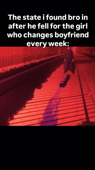 The meme features white text at the top over a black bar that reads "The state i found bro in after he fell for the girl who changes boyfriend every week:", positioned above a red-tinted anime scene. In the scene, a male figure stands far down a railway-adjacent walkway, casting an extremely long, stretched, distorted shadow ahead of him that conveys a sense of total defeat, exhaustion, and emotional ruin, implying the man is completely devastated after pursuing a girl who frequently switches romantic partners.