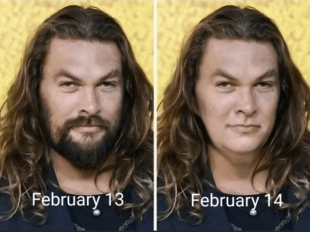 A split-screen meme featuring two side-by-side images of the same individual (believed to be actor Jason Momoa) against a yellow background. The left panel is labeled 'February 13' and shows the person with long, curly brown hair and a full, thick beard, maintaining a neutral expression. The right panel, labeled 'February 14', depicts the same person with identical hairstyle and expression but with the beard digitally removed, appearing clean-shaven. The humor hinges on the playful stereotype that individuals (humorously generalized here) groom themselves by removing facial hair in preparation for Valentine's Day, contrasting their appearance the day before and the day of the holiday.