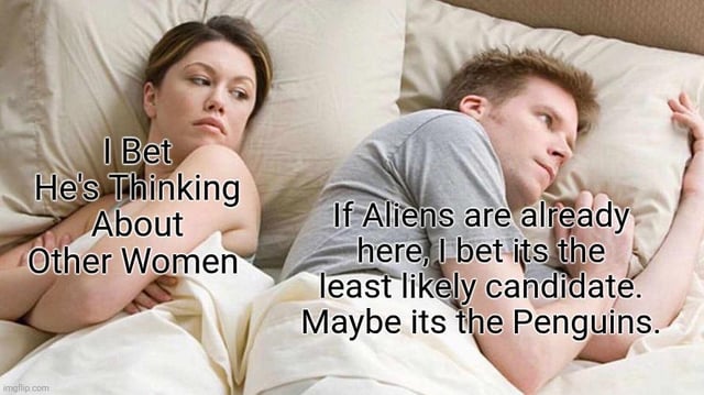 An image depicting a man and woman lying in bed, facing away from each other. The woman, on the left, has a text bubble reading 'I Bet He's Thinking About Other Women,' while the man, on the right, has a contrasting text bubble: 'If Aliens are already here, I bet its the least likely candidate. Maybe its the Penguins.' The meme humorously contrasts the woman's typical assumption about her partner's thoughts with the man's random, unrelated musings about aliens and penguins.