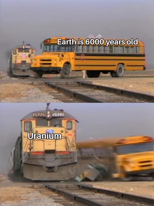 This is a two-panel reaction meme. The top panel shows a yellow school bus labeled with the young earth creationist claim 'Earth is 6000 years old' stopped directly on railroad tracks as a train approaches. The approaching train is labeled 'Uranium', referencing uranium-lead radiometric dating, a well-established scientific method used to date the age of the Earth. The bottom panel shows the train violently crashing into the bus, completely destroying it, serving as a visual metaphor for how overwhelming scientific evidence disproves the false claim that the Earth is only 6000 years old.