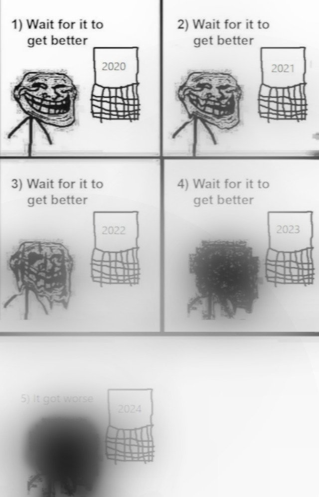 This is a 5-panel black and white rage comic meme using the classic Trollface character. Panel 1 (2020) shows a grinning confident Trollface with text "Wait for it to get better". Panel 2 (2021) shows the same character and text. Panel 3 (2022) shows the Trollface looking strained and distorted, still with the same waiting text. Panel 4 (2023) shows the Trollface almost fully blackened and unrecognizable, still with the waiting text. Panel 5 (2024) shows the Trollface as a completely faded dark silhouette, with the text changed to "It got worse". The joke comments on the widespread feeling that global living conditions have progressively declined each year since the 2020 pandemic, despite common hope that each subsequent year will improve.