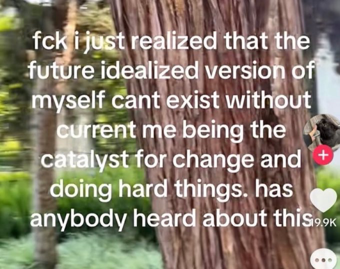 This is a social media screenshot meme featuring a blurred outdoor background with a tree trunk and green foliage. Overlaid in large white text is a frustrated, relatable sentiment: "fck i just realized that the future idealized version of myself cant exist without current me being the catalyst for change and doing hard things. has anybody heard about this". On the right edge of the image, standard short-form video platform UI elements are visible: a small user profile icon with a follow button, a heart-shaped like icon marked with 19.9K likes, and a comment button. The meme jokes about the annoying universal truth that personal improvement requires effort and difficult work in the present to get the better version of oneself people imagine for the future.