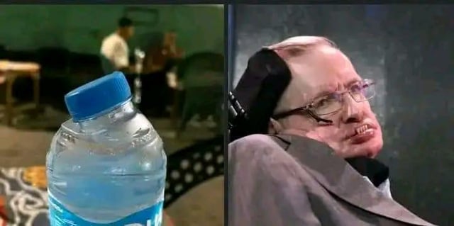 A split-screen meme collage consisting of two distinct images. The left side features a clear plastic water bottle with a blue cap, positioned in the foreground of a room with a blurred person visible in the background. The right side shows a close-up of a real person wearing glasses, displaying an expressive facial reaction—possibly amused or shocked—with their head leaning on one hand. The meme's humor likely stems from the caption reference to 'Ep-ein Island,' a probable misspelling of 'Epstein Island,' implying a satirical or controversial connection involving the person depicted.