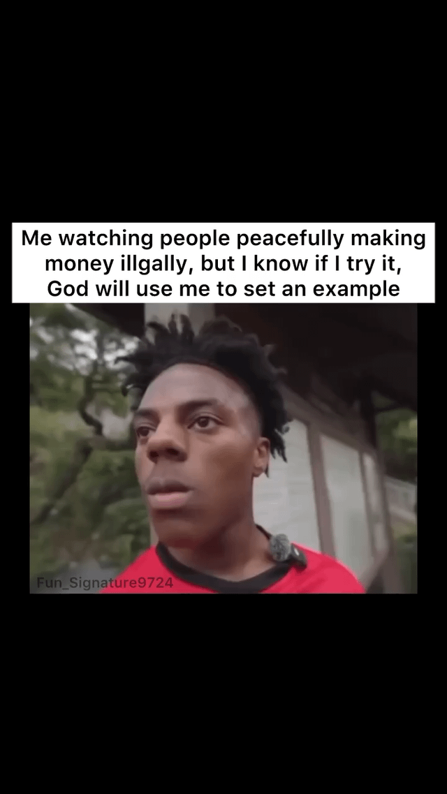 The meme features a top text caption and a lower image of a real person. The text reads: 'Me watching people peacefully making money illegally, but I know if I try it, God will use me to set an example'. The image shows a person with curly hair, wearing a red shirt, standing outdoors with greenery and a building in the background, looking to the side with a concerned or watchful expression. A watermark 'Fun_Signature9724' is visible at the bottom-left corner. The humor stems from the relatable feeling of observing others engage in questionable activities without consequences while fearing one's own potential to face severe repercussions, framed through a lighthearted religious context.