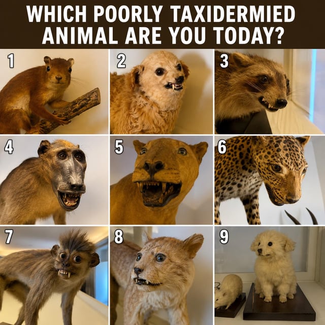 This is a 3x3 grid collage meme displaying 9 distinct poorly executed taxidermy animals, each labeled with a number from 1 to 9. The header text asks viewers to select which of the uncanny, awkward, misshapen taxidermied creatures matches their current mood or state for the day. Each animal has an unnatural, absurd expression or distorted physical appearance that reads as humorous and cringey rather than realistic.