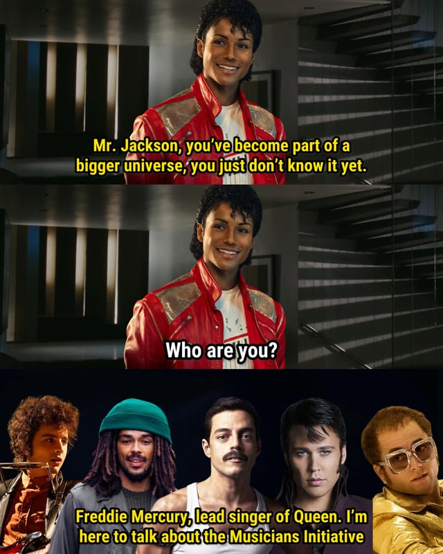This 3-panel meme parodies the classic post-credits scene from the 2012 *Avengers* film where Nick Fury recruits Tony Stark to the Avengers Initiative. The first two panels feature Jaafar Jackson playing Michael Jackson in the 2025 biopic *Michael*, wearing the iconic red *Thriller* jacket and smiling. The first panel's text reads "Mr. Jackson, you've become part of a bigger universe, you just don't know it yet." The second panel shows Michael responding "Who are you?". The third panel cuts to a lineup of actors portraying legendary musicians from other popular biopics: from left to right, Timothée Chalamet as Bob Dylan (from the upcoming *A Complete Unknown*), Stefan Adegbola as Peter Tosh (from *Bob Marley: One Love*), Rami Malek as Freddie Mercury (from *Bohemian Rhapsody*), Austin Butler as Elvis Presley (from *Elvis*), and Taron Egerton as Elton John (from *Rocketman*). The text below Freddie reads "Freddie Mercury, lead singer of Queen. I'm here to talk about the Musicians Initiative". The core joke frames all modern mainstream musician biopics as part of a connected cinematic universe, similar to the Marvel Cinematic Universe, teasing a fictional cross-over team-up of deceased iconic musicians.