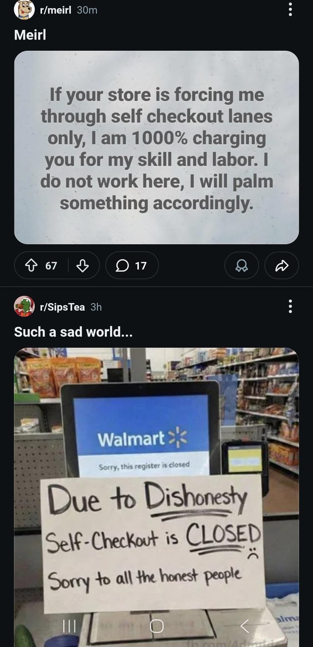The image contains two Reddit post screenshots. The first, from r/meirl, features a text rant expressing frustration at being forced to use self-checkout lanes, claiming the user will 'palm something' (steal) as compensation for unpaid labor. The second post, from r/SipsTea, shows a photograph of a Walmart self-checkout station with a handwritten sign stating 'Due to Dishonesty Self-Checkout is CLOSED' and apologizing to honest customers. Both posts highlight tensions around self-checkout, consumer frustration, and retail responses to theft.